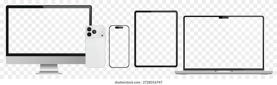 Vektorrealistisches Smartphone, Laptop, Tablet, Computerset. Realistisches Gadget-Set png. Vektorgrafiken mit leerem Bildschirm, einzeln auf transparentem Hintergrund.
