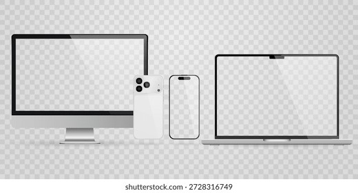 Vektorrealistisches Smartphone, Laptop, Tablet, Computerset. Realistisches Gadget-Set png. Vektorgrafiken mit leerem Bildschirm, einzeln auf transparentem Hintergrund.