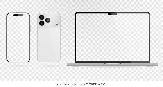 Vektorrealistisches Smartphone, Laptop, Tablet, Computerset. Realistisches Gadget-Set png. Vektorgrafiken mit leerem Bildschirm, einzeln auf transparentem Hintergrund.