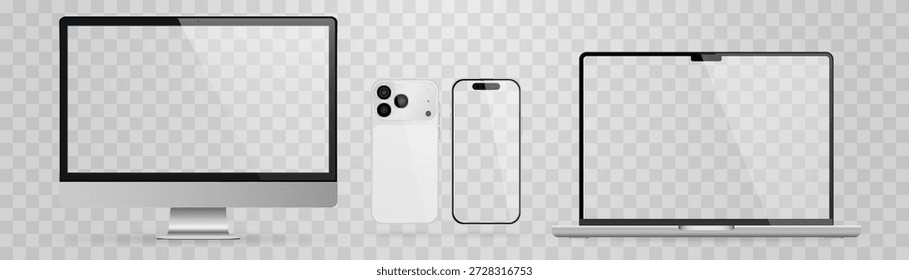 Vektorrealistisches Smartphone, Laptop, Tablet, Computerset. Realistisches Gadget-Set png. Vektorgrafiken mit leerem Bildschirm, einzeln auf transparentem Hintergrund.