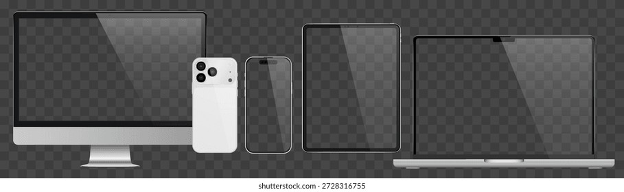 Vektorrealistisches Smartphone, Laptop, Tablet, Computerset. Realistisches Gadget-Set png. Vektorgrafiken mit leerem Bildschirm, einzeln auf transparentem Hintergrund.