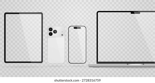 Vektorrealistisches Smartphone, Laptop, Tablet, Computerset. Realistisches Gadget-Set png. Vektorgrafiken mit leerem Bildschirm, einzeln auf transparentem Hintergrund.