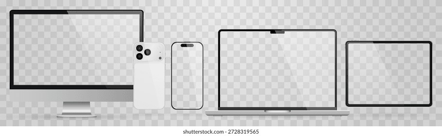 Vektorrealistisches Smartphone, Laptop, Tablet, Computerset. Realistisches Gadget-Set png. Vektorgrafiken mit leerem Bildschirm, einzeln auf transparentem Hintergrund.
