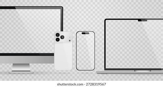 Vektorrealistisches Smartphone, Laptop, Tablet, Computerset. Realistisches Gadget-Set png. Vektorgrafiken mit leerem Bildschirm, einzeln auf transparentem Hintergrund.
