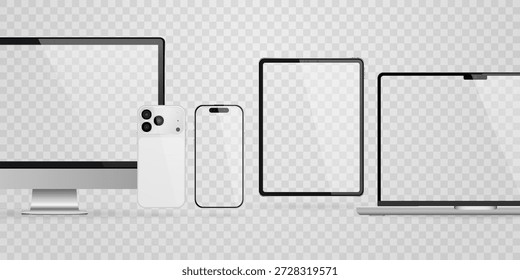Vektorrealistisches Smartphone, Laptop, Tablet, Computerset. Realistisches Gadget-Set png. Vektorgrafiken mit leerem Bildschirm, einzeln auf transparentem Hintergrund.
