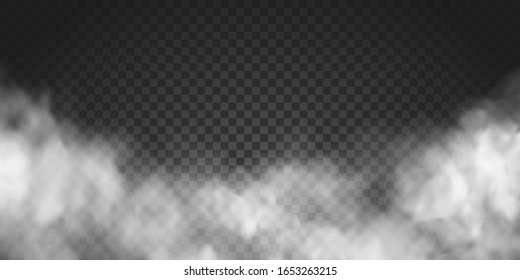 Vector realistic smoke cloud or gray fog, rocket or missile launch pollution. Abstract gas on transparent background, vapor machine steam or explosion dust, dry ice effect, condensation, fume