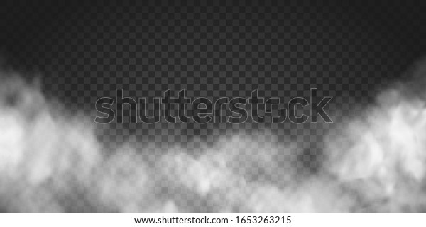 Vector realistic smoke cloud or gray fog, rocket or\
missile launch pollution. Abstract gas on transparent background,\
vapor machine steam or explosion dust, dry ice effect,\
condensation, fume