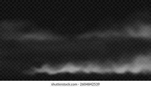 Vector realistic smoke clouds on water surface. White spreading steam, fog, haze isolated on transparent backdrop