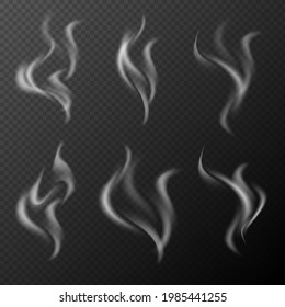 Vector realistic smoke or steam set isolated on dark transparent background. Detailed 3d white smoke steam, waves from coffee, tea, cigarettes, hot food. Fog and mist effect. Vector illustration EPS10