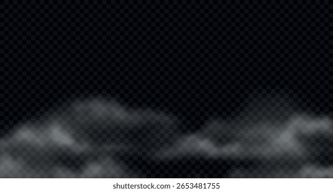 Vetor nuvens fumegantes realistas, vapor de água, nevoeiro, névoa matinal. Mistério branco flutuante, espalhando névoa de vapor isolado no fundo escuro