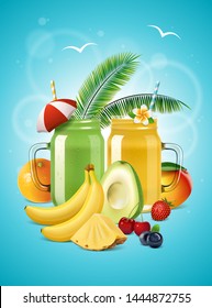 Vector Realistic Smoothie Poster. Two Mason Jars With Fruit Shake Or Lemonade, Avocado, Banana, Mango, Orange, Pineapple, Strawberry, Blueberry And Cherry. Healthy Cold Drinks Banner.