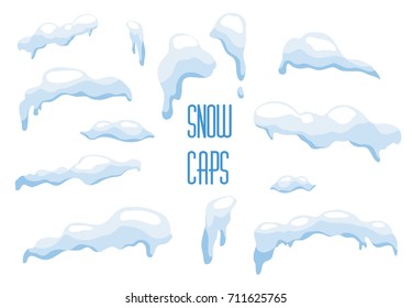 vector realistic snow, ice caps snowballs and snowdrifts set. winter decoration symbols for your design. Isolated illustration on white background.