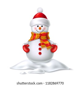 Vector realistic snowman smiling in snowbank snowdrift. Cute new year, christmas holiday character smiling in red mittens, scarf and hat. Winter outdoor kids fun symbol, greeting card design