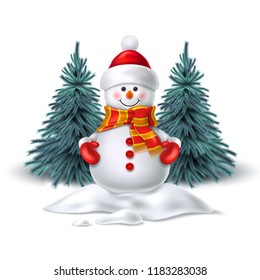 Vector realistic snowman smiling standing in snow near spruce trees. Cute new year, christmas holiday character smiling in red mittens, scarf and hat. Winter outdoor kids symbol, greeting card design