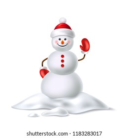 Vector realistic snowman smiling waving hand. Cute new year, christmas holiday character smiling in red mittens and hat. Winter outdoor kids fun symbol, greeting card design