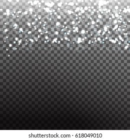 Vector realistic snowy confetti on the transparent background. Realistic white light effect for decoration.