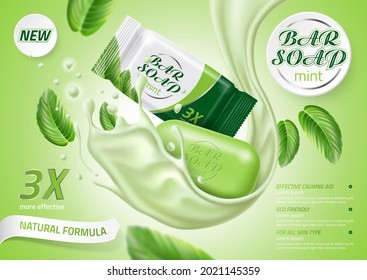 Vector realistic soap bar with mint product advertising template with mint leaves, cream splash on green background. Washing bar for bathroom body and hand hygiene with ready branding.