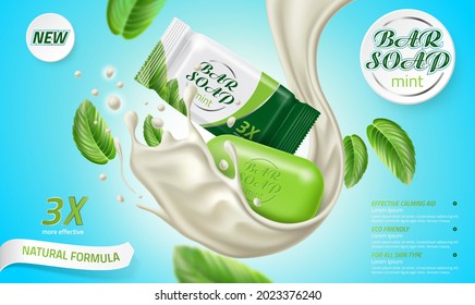 Vector realistic soap bar with mint product advertising template with mint leaves, cream splash on green background. Washing bar for bathroom body and hand hygiene with ready branding.