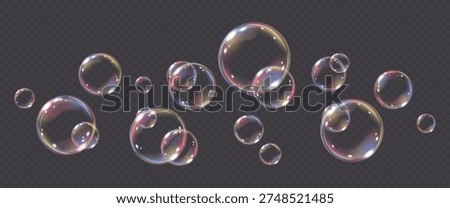 Vector realistic soap bubble isolated on transparent background. Flying colorful png glass bubbles.