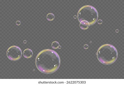 Vector realistic soap bubbles png. Flying soap bubbles on transparent background.