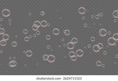 Vector realistic soap bubbles png. Flying soap bubbles on transparent background.