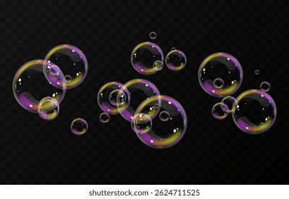 Vector realistic soap bubbles png. Flying soap bubbles on transparent background.