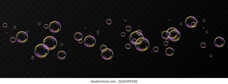 Vector realistic soap bubbles png. Flying soap bubbles on transparent background.