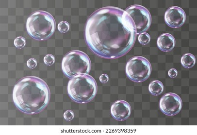 Vector realistic soap bubbles with rainbow reflection isolated on png background. Transparent colorful soap bubbles. Vector design element