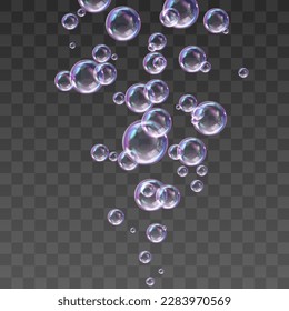 Vector realistic soap bubbles with rainbow reflection isolated on png background. Transparent colorful soap bubbles. Vector design element