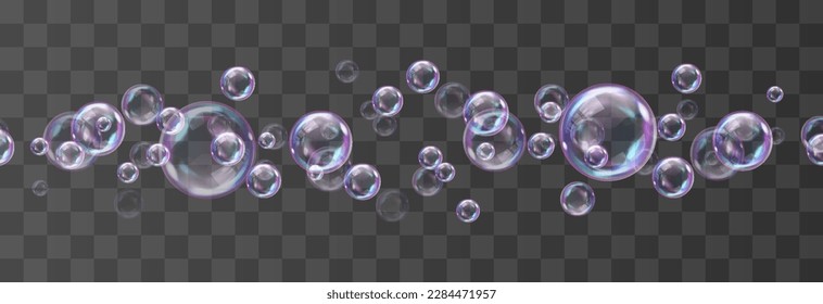 Vector realistic soap bubbles with rainbow reflection isolated on png background. Transparent colorful soap bubbles. Summer vector design element