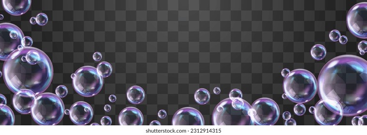 Vector realistic soap bubbles with rainbow reflection isolated on png background. Transparent colorful soap bubbles. Vector summer design element