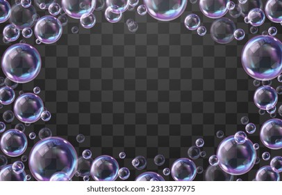 Vector realistic soap bubbles with rainbow reflection isolated on png background. Transparent colorful soap bubbles. Vector summer design element