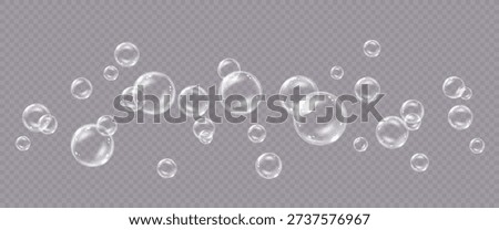 Vector realistic soap bubbles with reflection isolated on transparent background. 