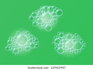 Vector realistic soap foam of transparent water bubbles, balls or spheres on green background. 3D illustration.