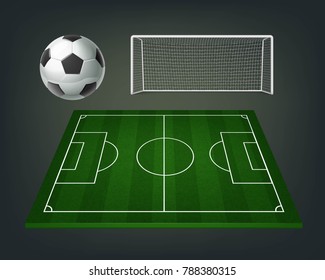  Vector realistic soccer field ball and gates on a dark background. Set of illustrations