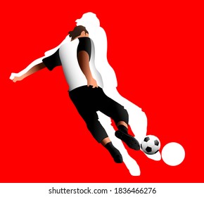 Vector realistic soccer player kicks the ball on red background