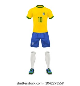 Vector realistic soccer uniform of a Brazil team, set of sports wear, shirt, shorts, socks and boots, isolated on background. Mockup of Brazilian football outfit in colors of national flag, front view