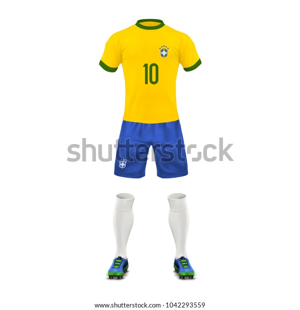 ブラジルのチームのベクター画像的なサッカーユニフォーム スポーツウェア シャツ ショートカット 靴下 ブーツのセットを背景に表示 国旗の色でブラジルの サッカー服をモックアップ 正面図 のベクター画像素材 ロイヤリティフリー