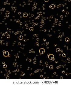Vector realistic soda, champagne carbonated drink with bubbles close up illustration. Golden CO sparklings on black background. Poster, banner design element