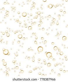 Vector realistic soda, champagne carbonated drink with bubbles close up illustration. Golden CO sparklings on white isolated background. Poster, banner design element
