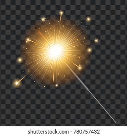 Vector realistic sparkler on transparent background illustration. Christmas, new year winter holiday Bengal light, glowing firework Xmas greeting card, ad design object.