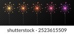 Vector realistic sparkler png. Multicolored sparklers on isolated transparent background. Sparks, fireworks, Christmas light.