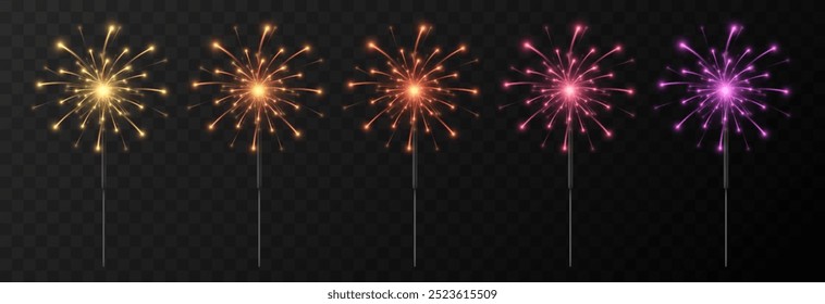 Vector realistic sparkler png. Multicolored sparklers on isolated transparent background. Sparks, fireworks, Christmas light.