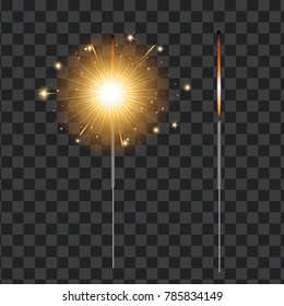 Vector realistic sparklers set on transparent background illustration. Christmas, new year winter holiday Bengal light, glowing firework Xmas greeting card, ad design object.