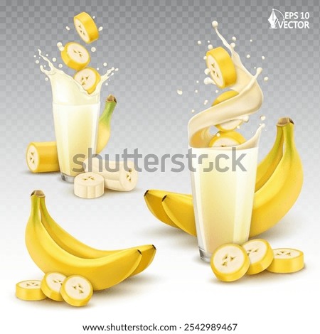 Vector realistic splash of milk or yogurt in a glass with falling chopped fruit pieces. Bananas bunch. Different shape variations. 3D food illustration isolated on white background, design elements