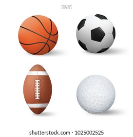 Vector realistic sports ball set. Basketball, Soccer football, American football and golf isolated on white background. Vector illustration.