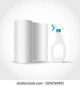 Vector realistic spray bootle and paper towel isolated on a white background