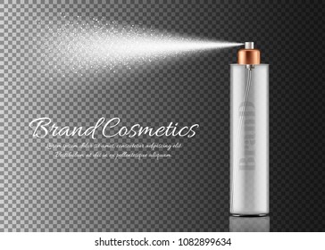 Vector realistic spray bottle isolated on transparent background. Container with sprayer for beauty product, body lotion, deodorant, facial freshener, perfume. Mockup for cosmetic brand promotion