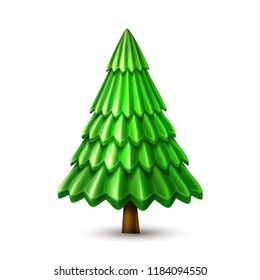 Vector realistic spruce christmas tree with cartoon green needles isolated. 3d traditional new year, merry christmas holiday decoration object, xmas greeting card design element. Forest fir tree