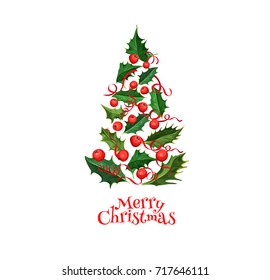 vector realistic spruce tree made from ilex, holly mistletoe leaves with berries - isolated illustration on a white background. Christmas, new year holiday decoration object for your design